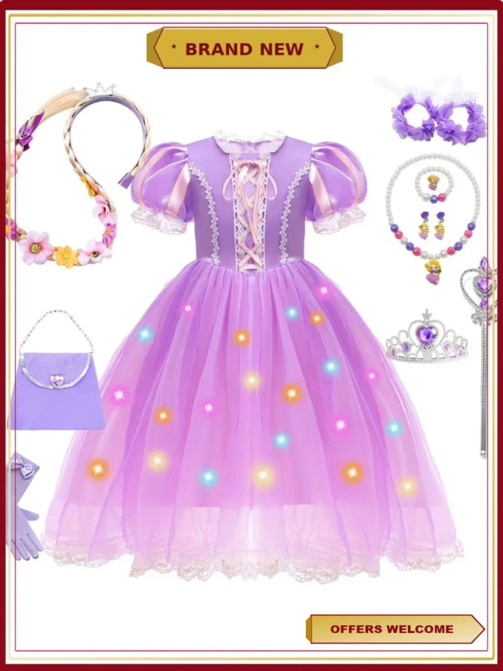 Girls Princess Dress Up Costume Set Light Up Fairytale Halloween Birthday